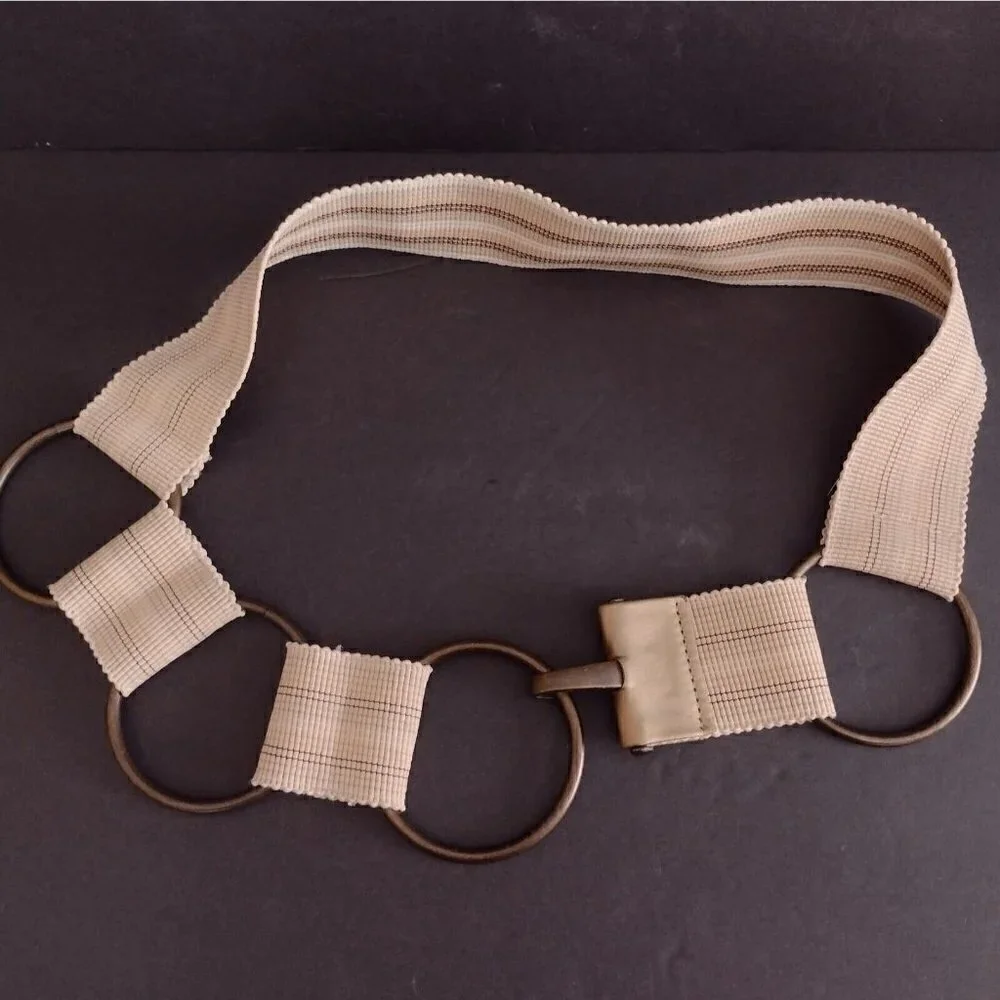 Vintage Womens S/M Stretch Belt Taiwan Bronze Rings Hook Clasp Hippie Boho